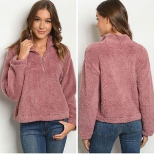 Teddy soft mauve half zip up sweater